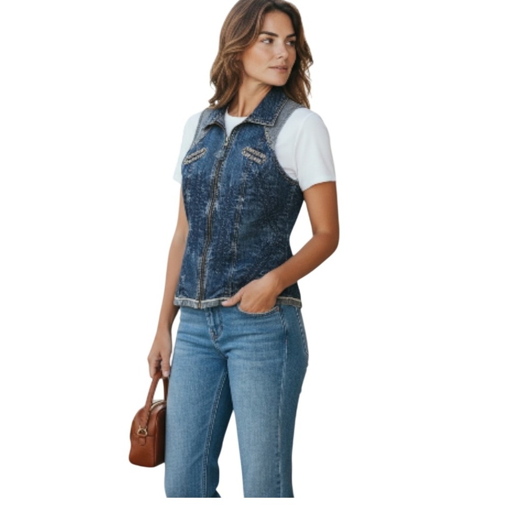 Bleu Bayou Womens‎ Denim Studded Vest Blue Wash Full Zip Collar Casual Size M
